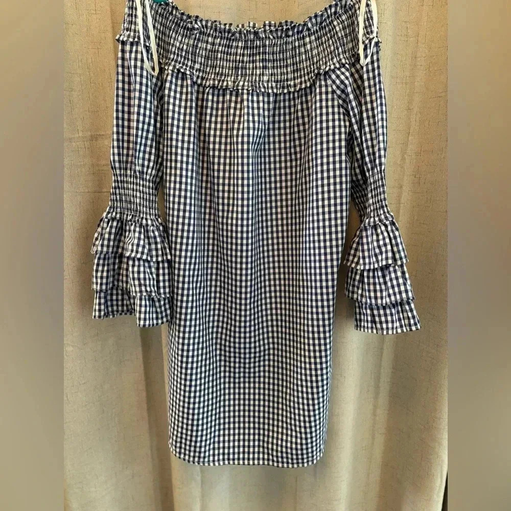 Style House Mini Dress Size M. Off the Shoulder‎ Dress. Navy and White Checkered